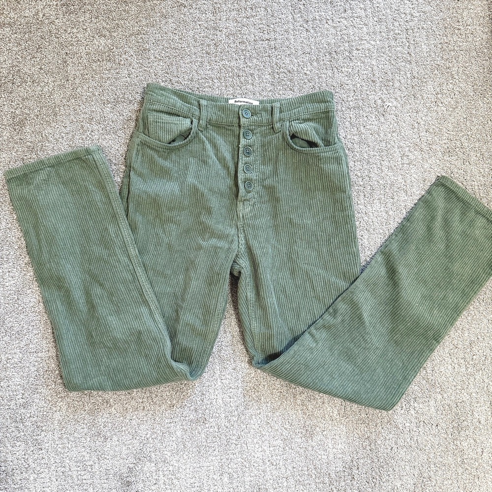 Reformation Cynthia Olive Green Corduroy High Rise Button Fly Jeans Pants 26
